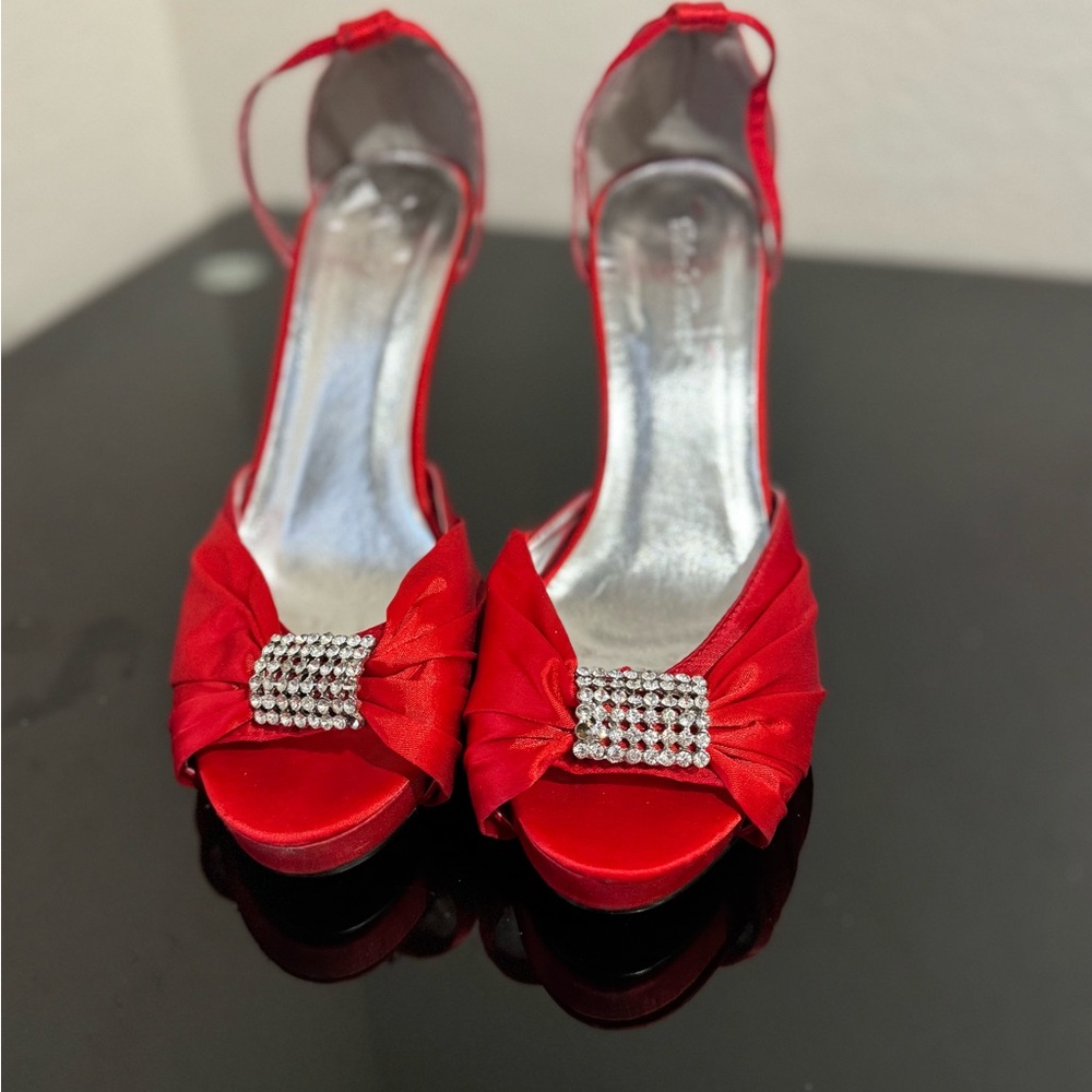 Vibrant Red Peep-Toe Heels with Crystal Embellishment